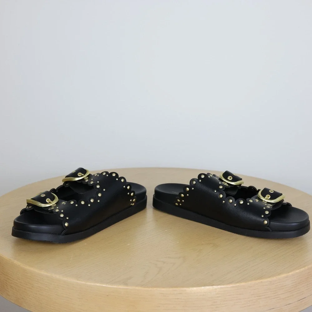 American Eagle Scalloped Studded Double Buckle Slide Sandals Women's 8 Summer